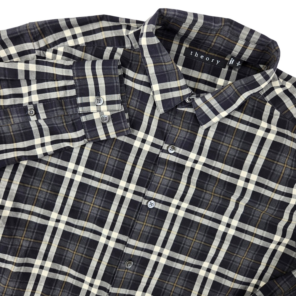 Theory SMALL Plaid Button Down‎ Shirt Mens Black Grey Cotton Business Casual